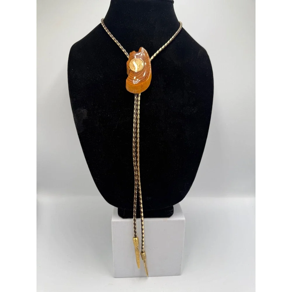 Vintage Dennis Dahl 1996 Wood Bolo Tie 1907 Indian Head Penny Gold Feather Tips